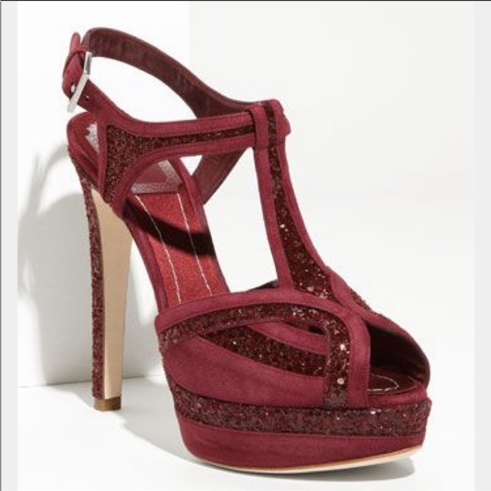 Auth RARE DIOR burgundy glitter suede platform High Heel peep toe 37 7